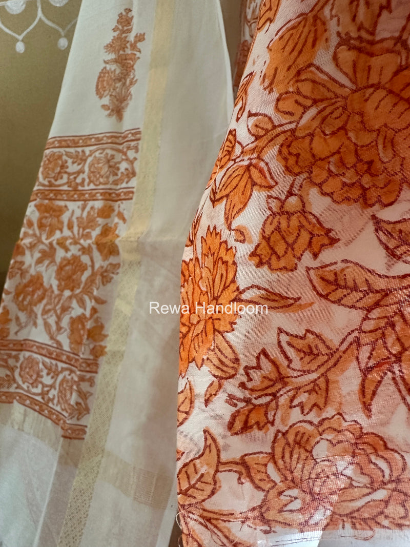 Maheshwari Orange Handblock Print Top-Dupatta HBS0152