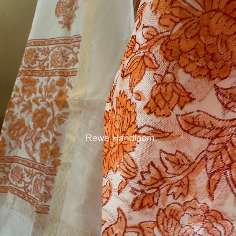 Maheshwari Orange Handblock Print Top-Dupatta HBS0152