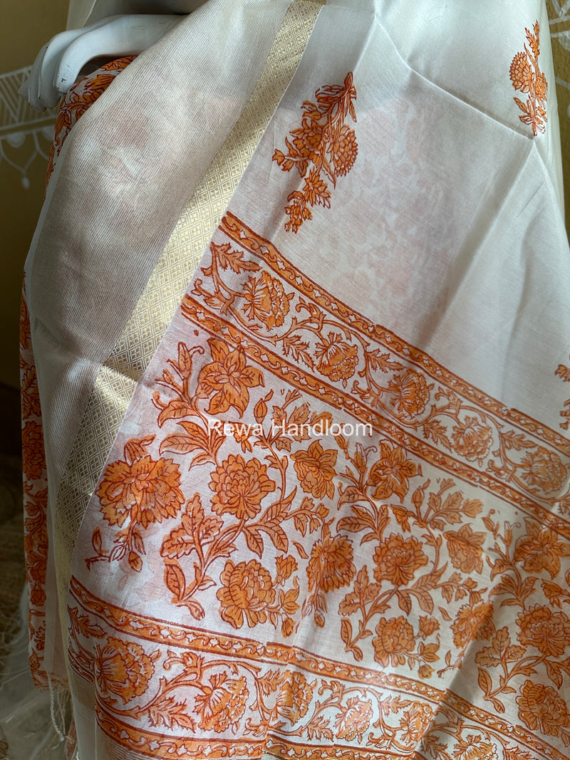 Maheshwari Orange Handblock Print Top-Dupatta HBS0152