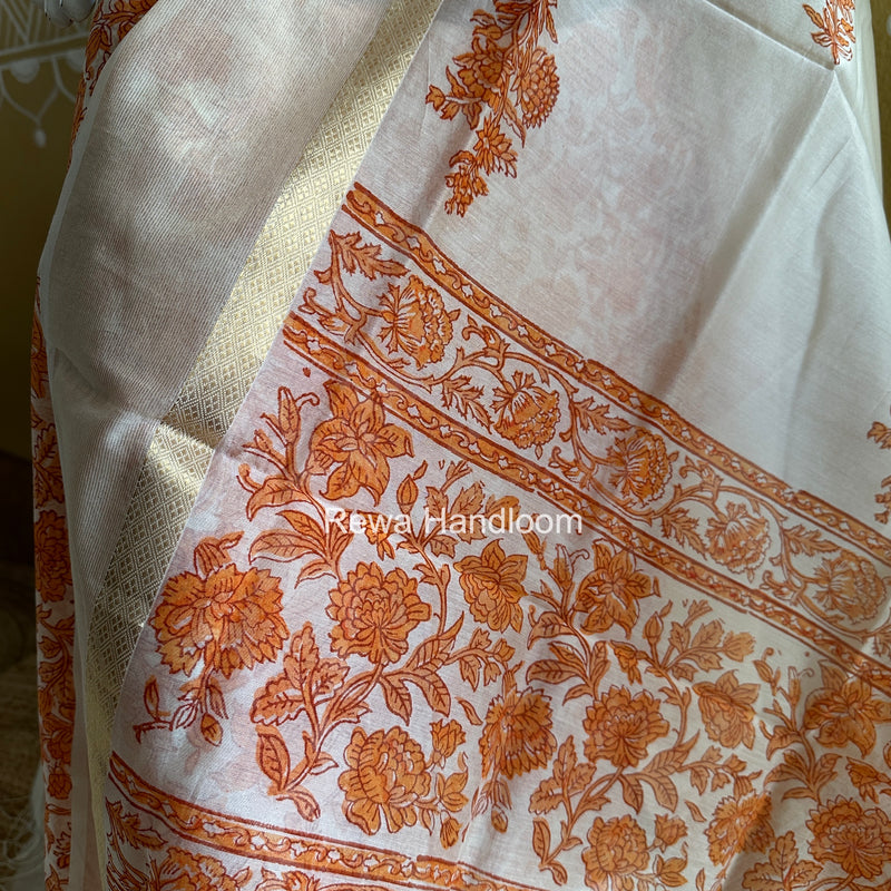 Maheshwari Orange Handblock Print Top-Dupatta HBS0152