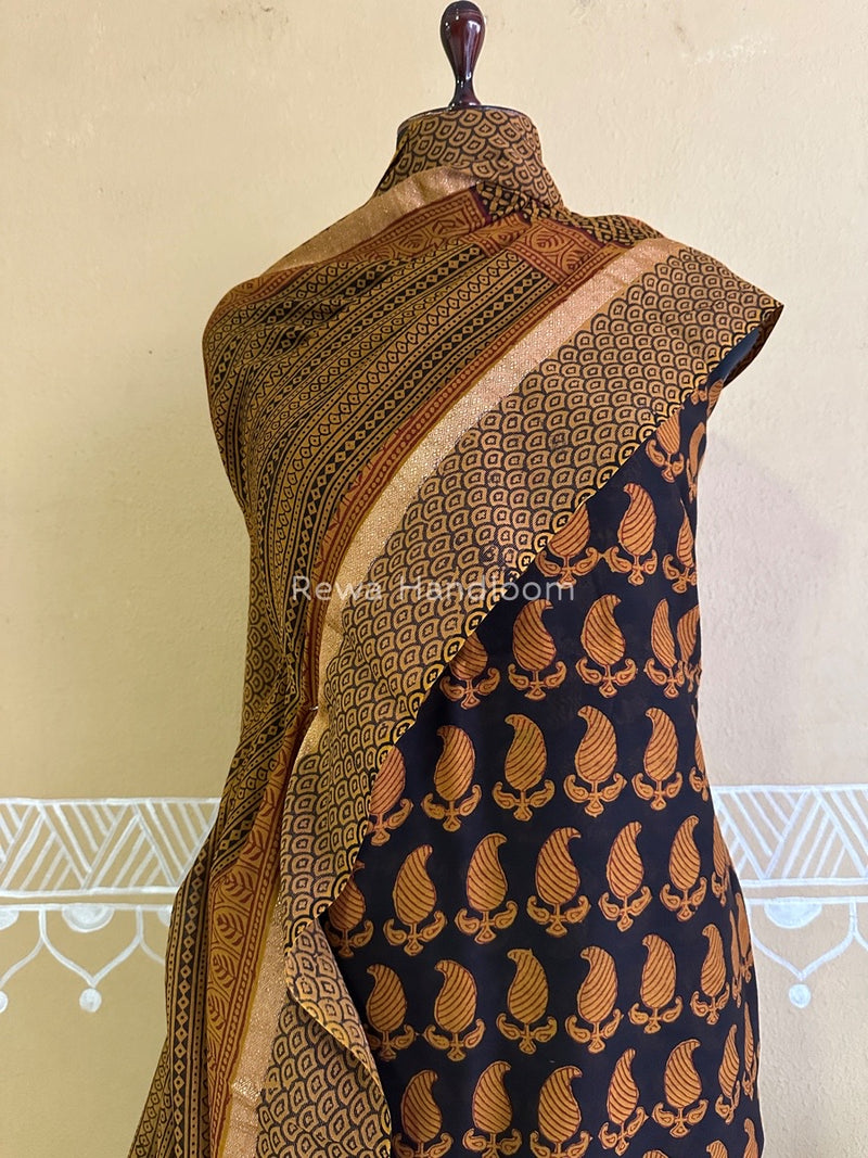 Maheshwari Black- Mustard Yellow Bagh Print Suit BSP0145