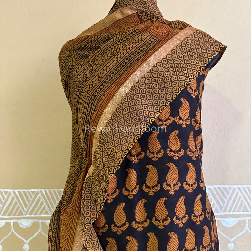 Maheshwari Black- Mustard Yellow Bagh Print Suit BSP0145