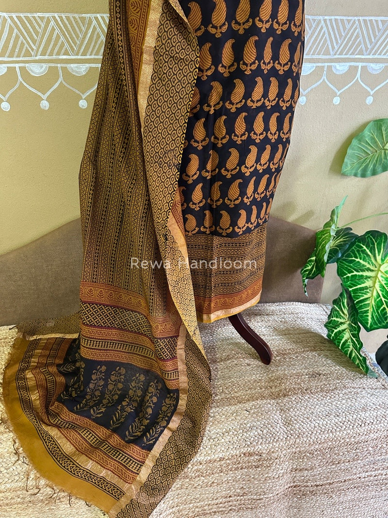 Maheshwari Black- Mustard Yellow Bagh Print Suit BSP0145