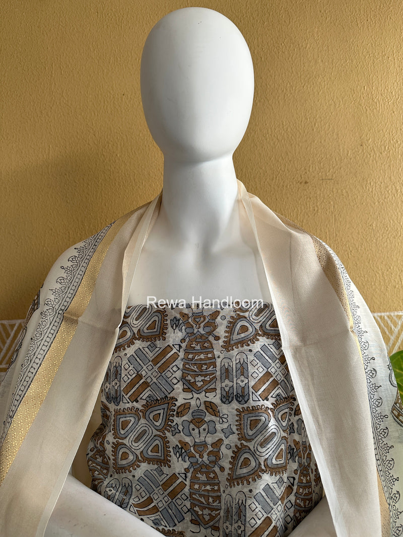 Maheshwari White Handblock Print Top-Dupatta HBS0147