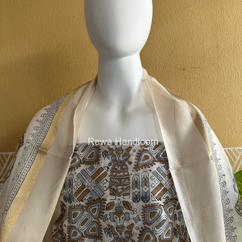 Maheshwari White Handblock Print Top-Dupatta HBS0147