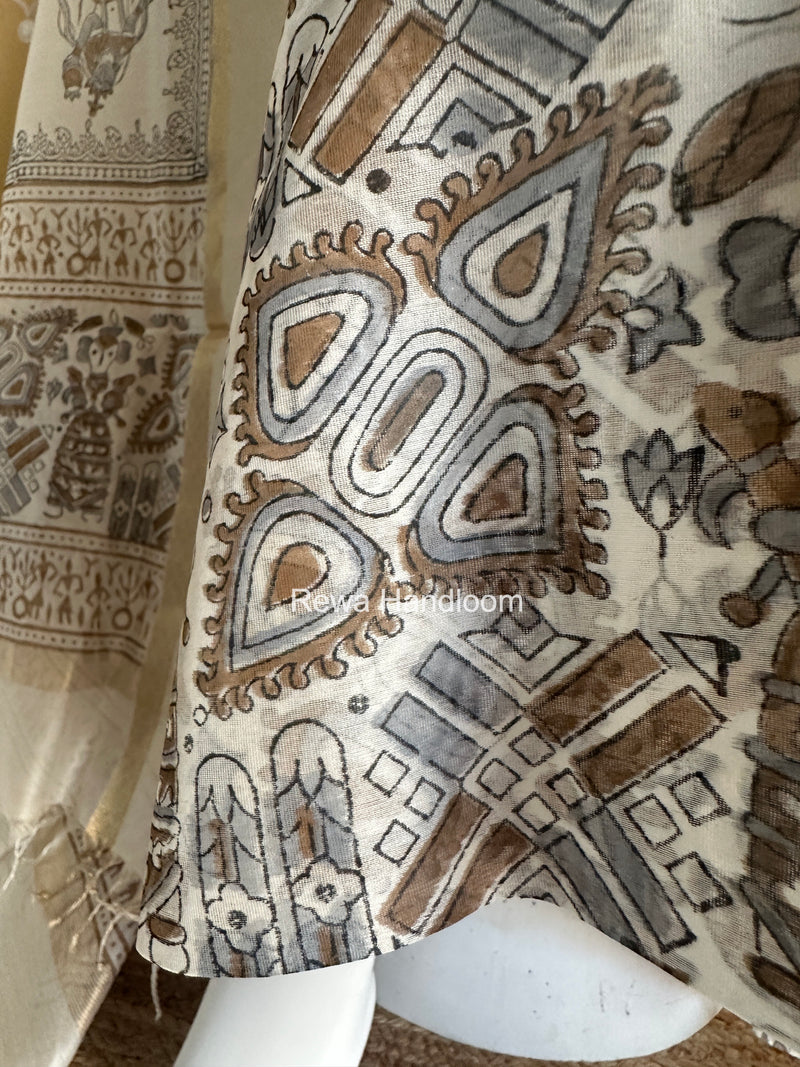 Maheshwari White Handblock Print Top-Dupatta HBS0147