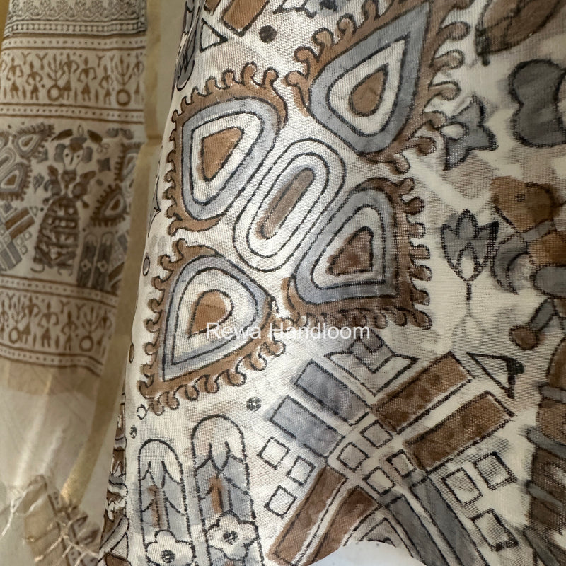 Maheshwari White Handblock Print Top-Dupatta HBS0147