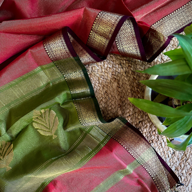 Maheshwari Red Green Tissue Dupatta-TDP-04