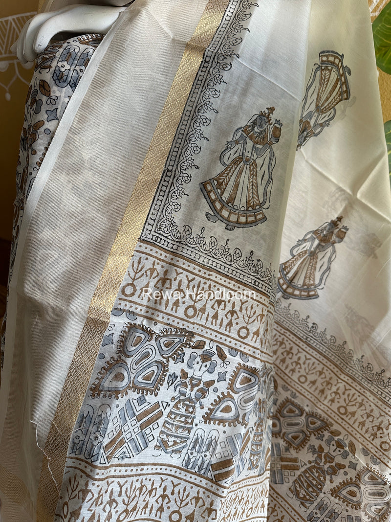 Maheshwari White Handblock Print Top-Dupatta HBS0147