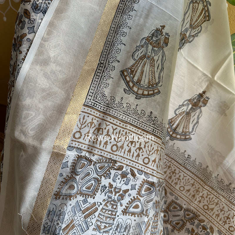 Maheshwari White Handblock Print Top-Dupatta HBS0147