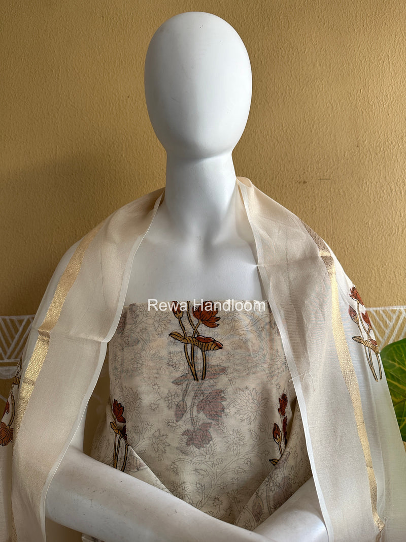 Maheshwari White Handblock Print Top-Dupatta HBS0153