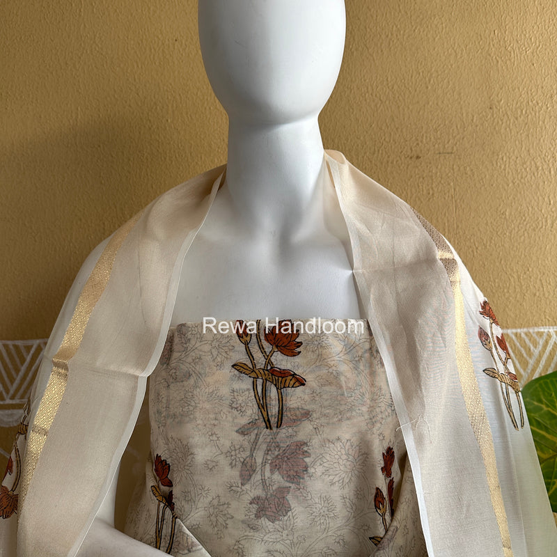 Maheshwari White Handblock Print Top-Dupatta HBS0153