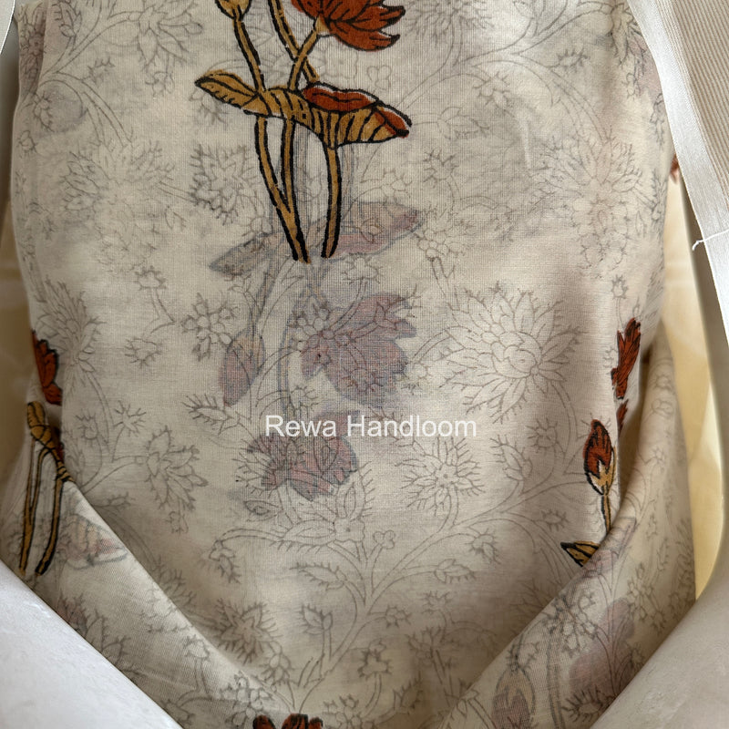 Maheshwari White Handblock Print Top-Dupatta HBS0153