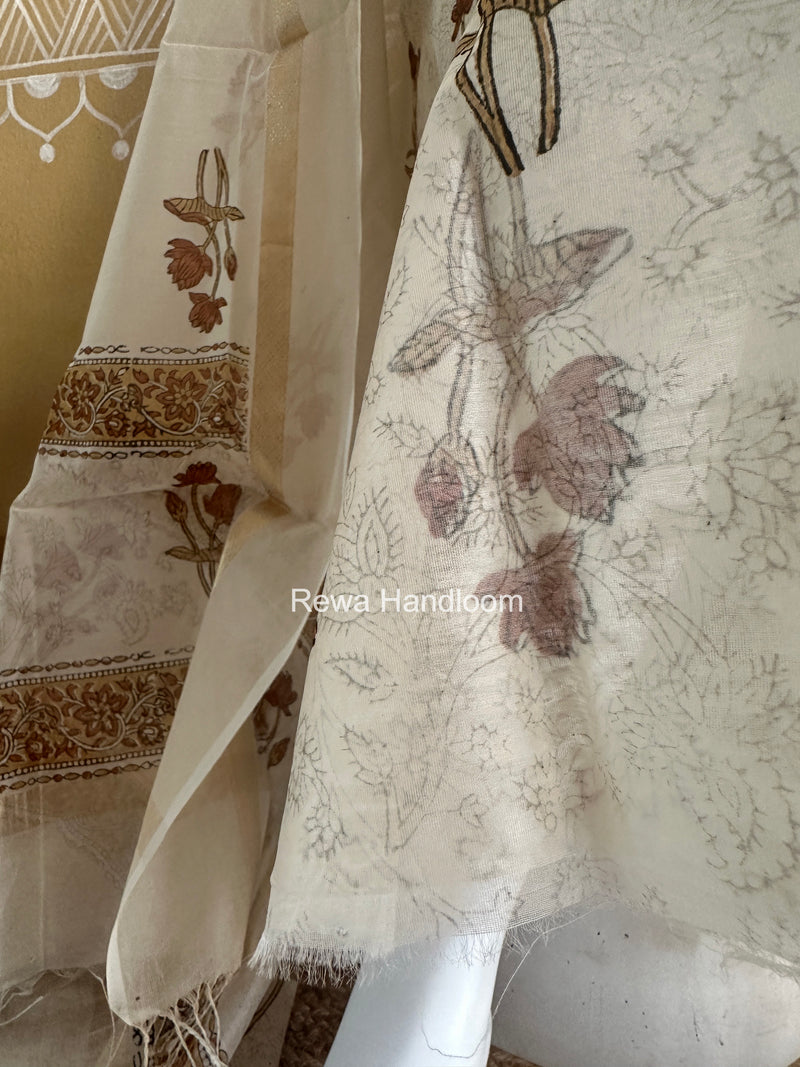 Maheshwari White Handblock Print Top-Dupatta HBS0153