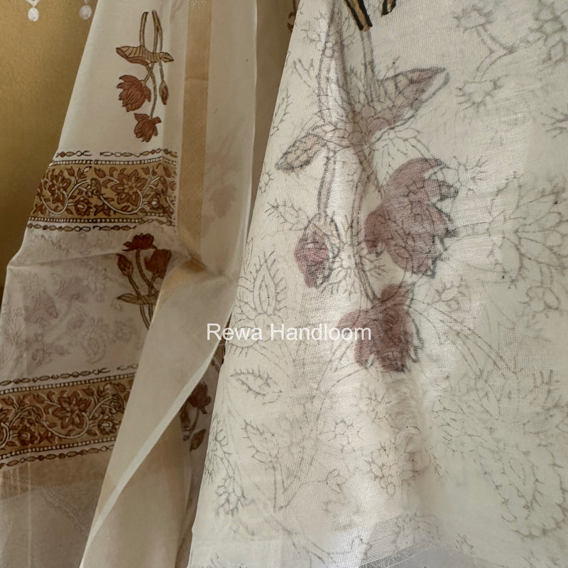 Maheshwari White Handblock Print Top-Dupatta HBS0153
