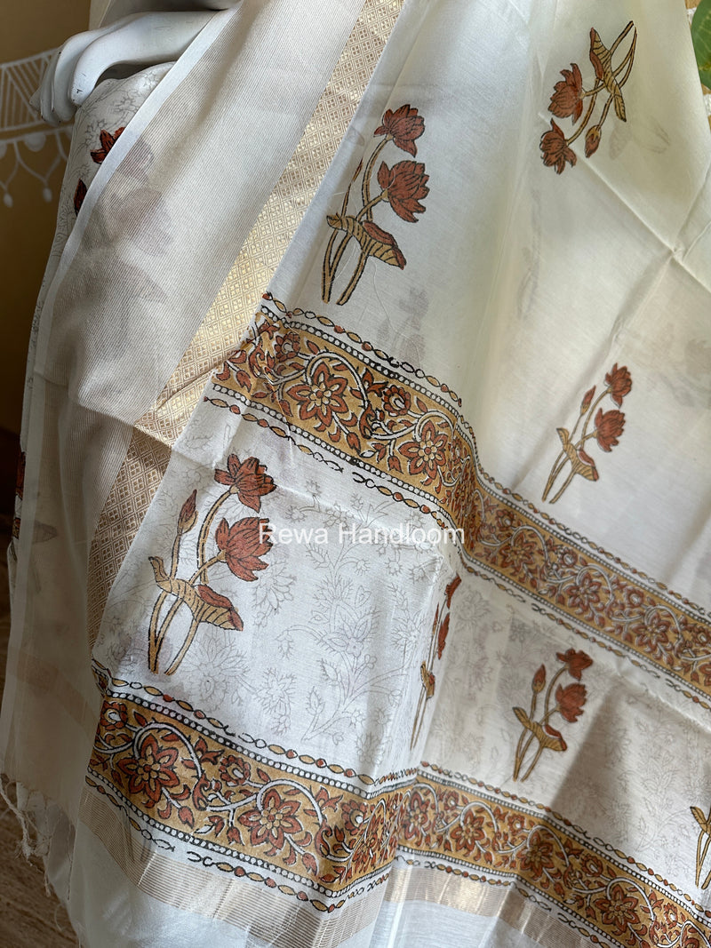 Maheshwari White Handblock Print Top-Dupatta HBS0153