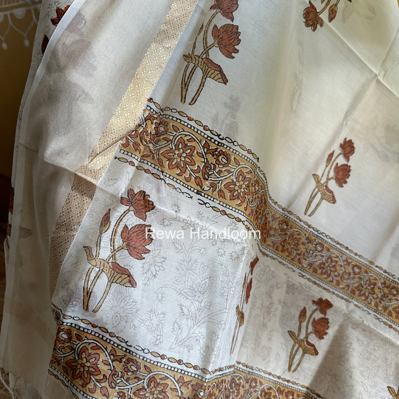 Maheshwari White Handblock Print Top-Dupatta HBS0153