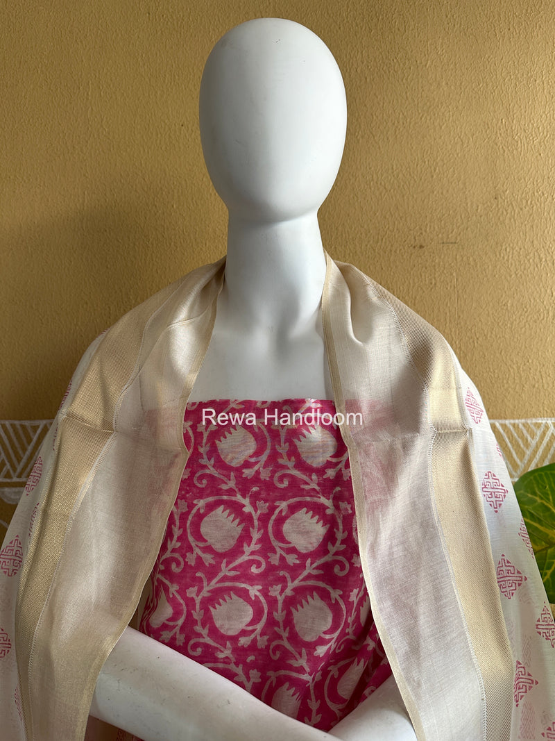 Maheshwari White Handblock Print Top-Dupatta HBS0175
