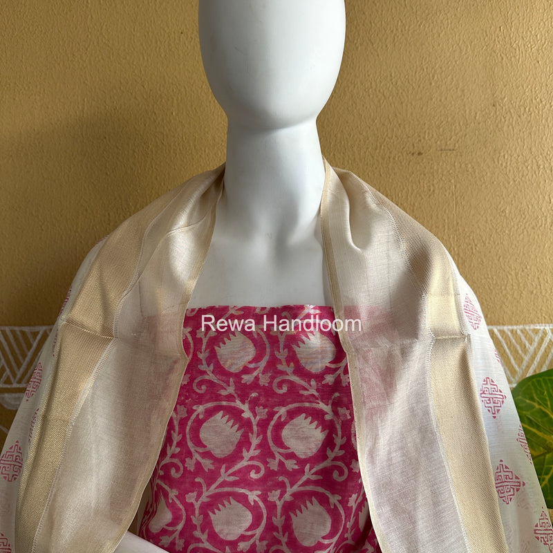 Maheshwari White Handblock Print Top-Dupatta HBS0175