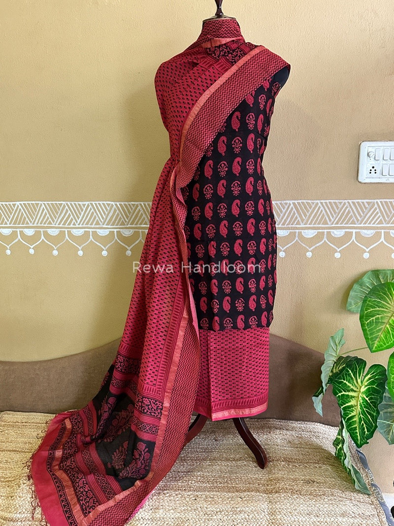 Maheshwari Black-Fuchsia Pink Bagh Print Suit BSP0159