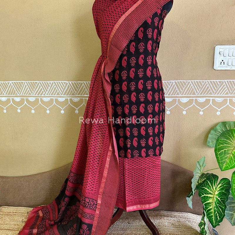 Maheshwari Black-Fuchsia Pink Bagh Print Suit BSP0159