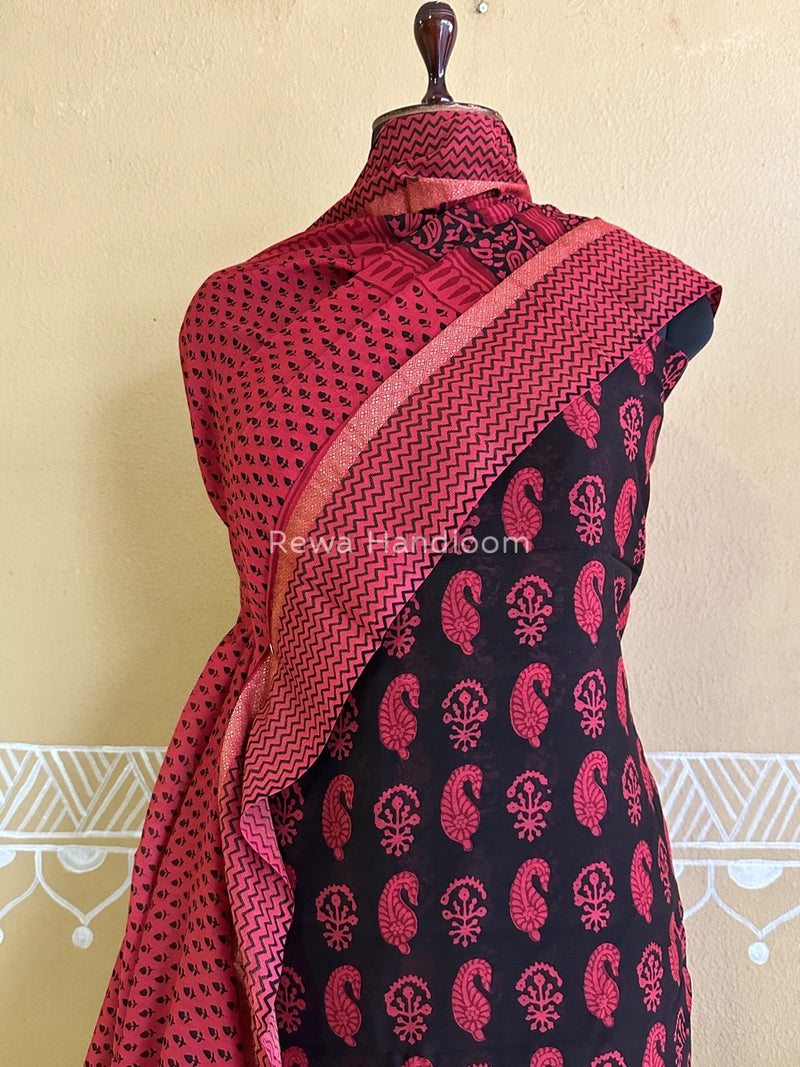 Maheshwari Black-Fuchsia Pink Bagh Print Suit BSP0159