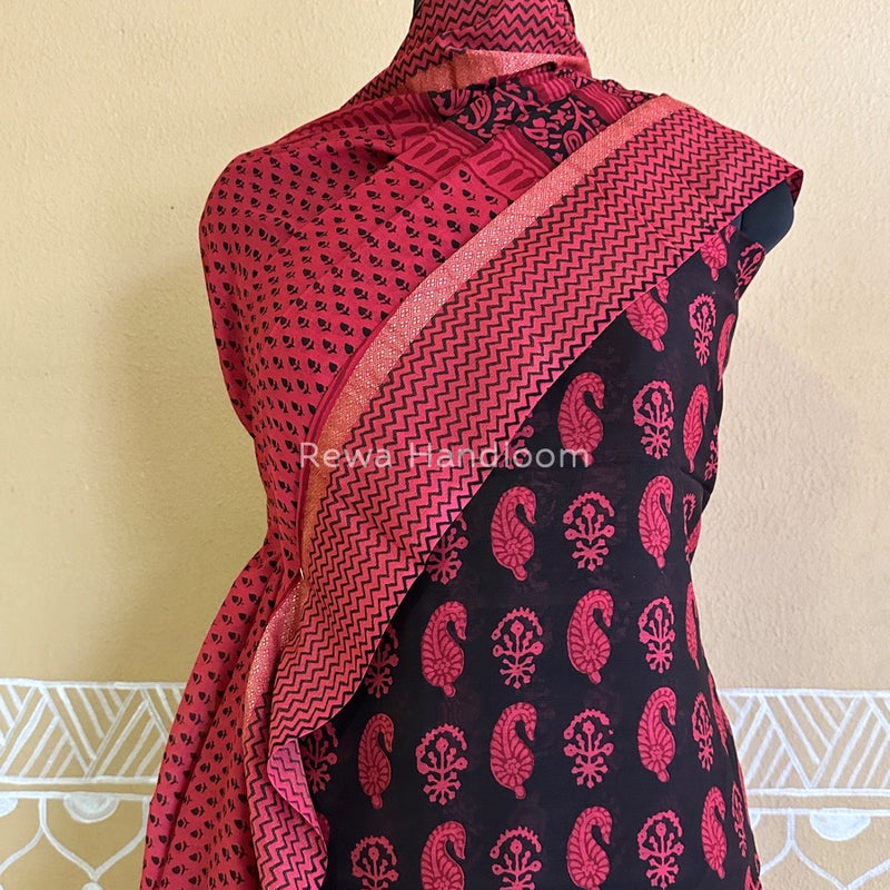 Maheshwari Black-Fuchsia Pink Bagh Print Suit BSP0159