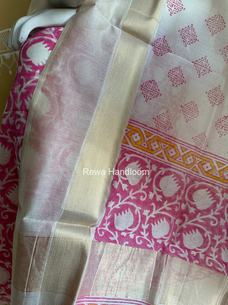 Maheshwari White Handblock Print Top-Dupatta HBS0175