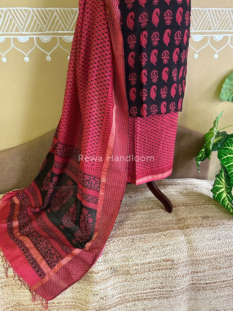 Maheshwari Black-Fuchsia Pink Bagh Print Suit BSP0159