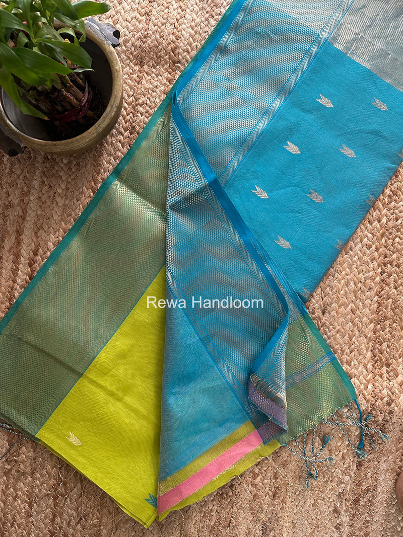 Maheshwari Parrot Green Tissue Silk Saree TVBS01