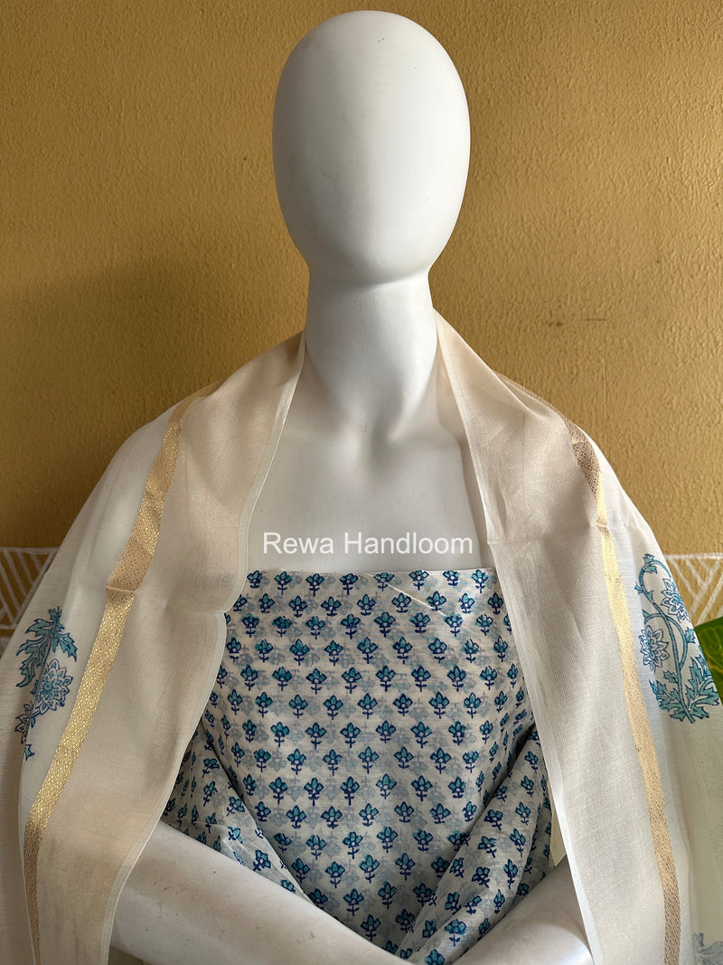 Maheshwari White Handblock Print Top-Dupatta HBS0212