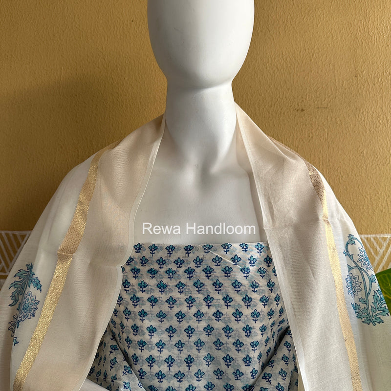Maheshwari White Handblock Print Top-Dupatta HBS0212