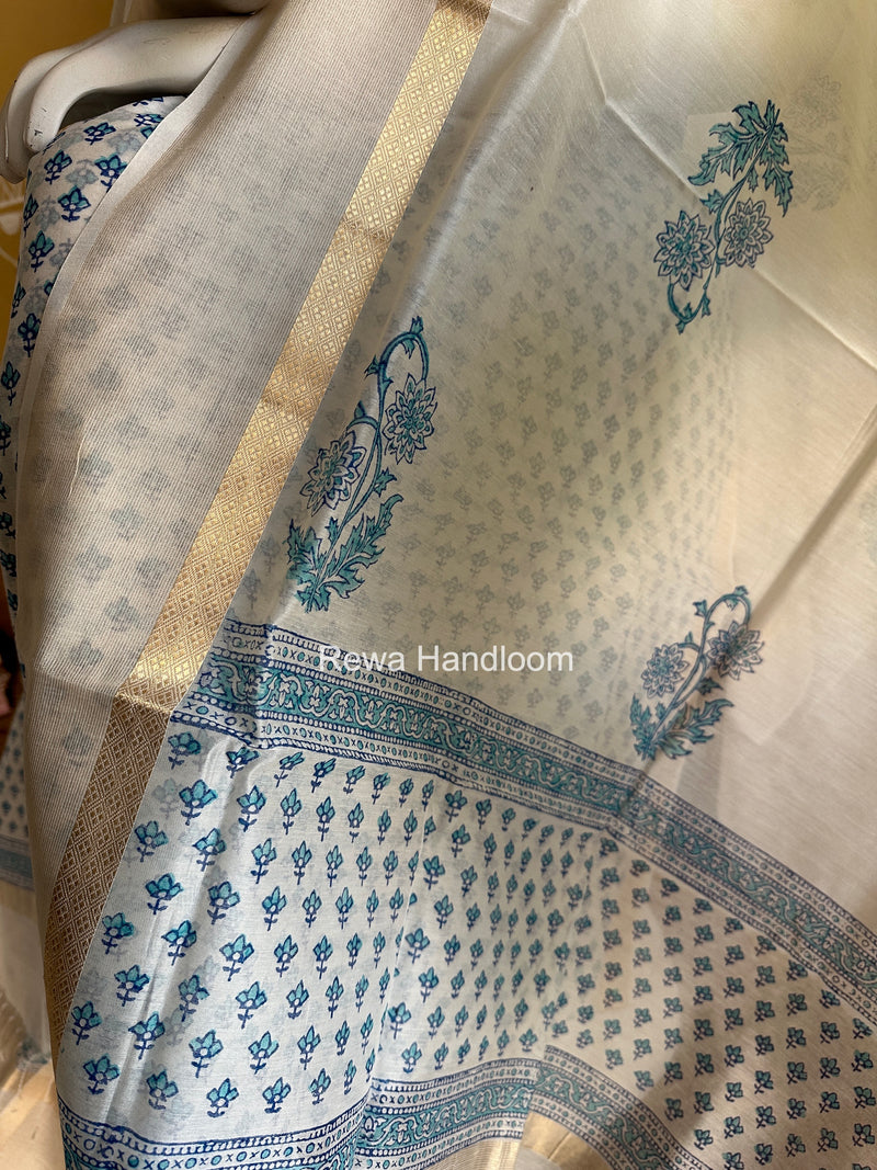 Maheshwari White Handblock Print Top-Dupatta HBS0212