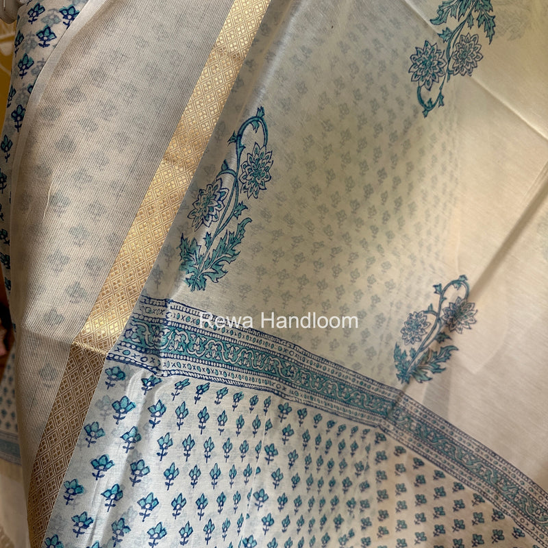 Maheshwari White Handblock Print Top-Dupatta HBS0212