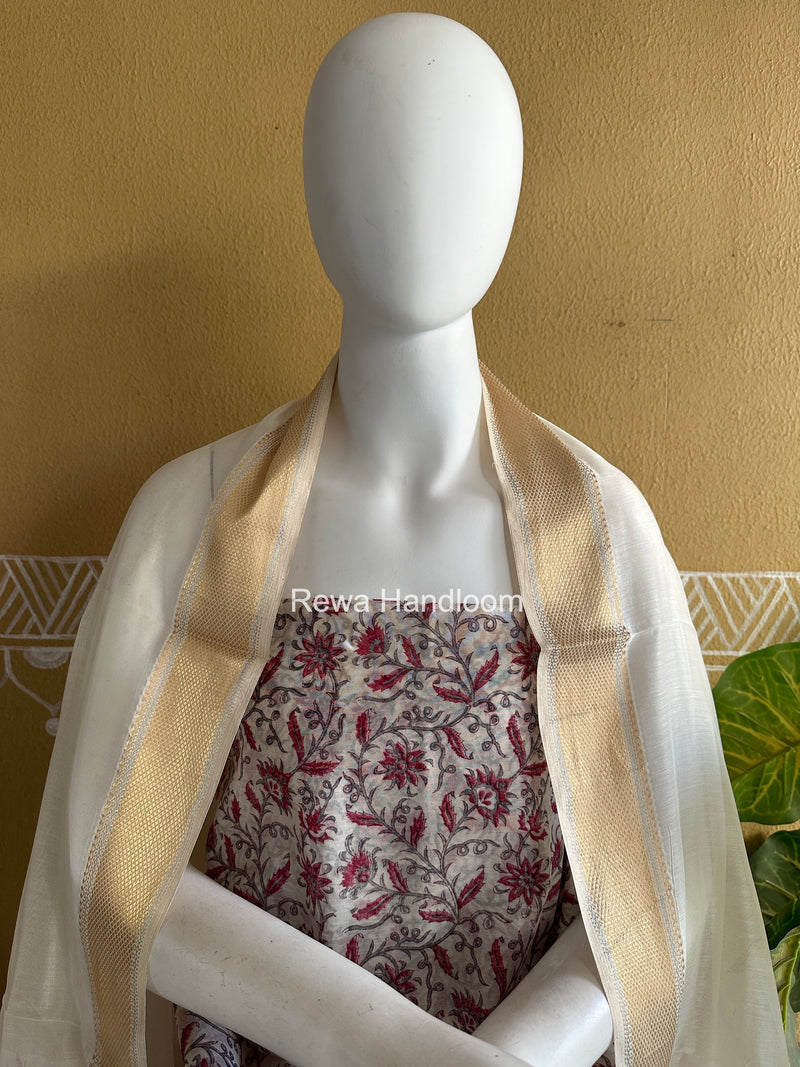 Maheshwari White Handblock Print Top-Dupatta HBS0216