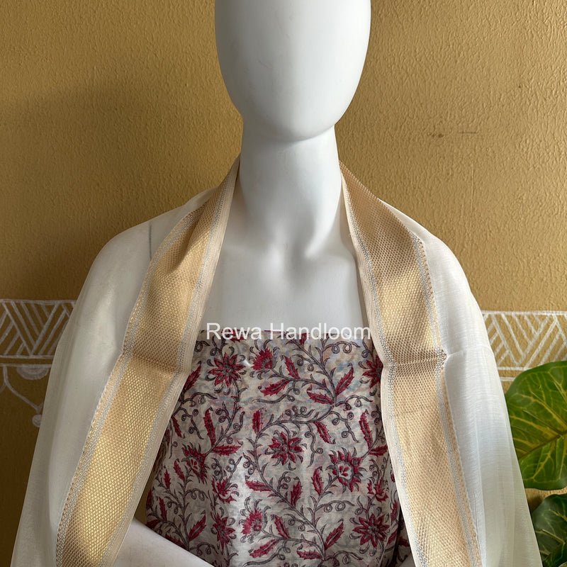 Maheshwari White Handblock Print Top-Dupatta HBS0216