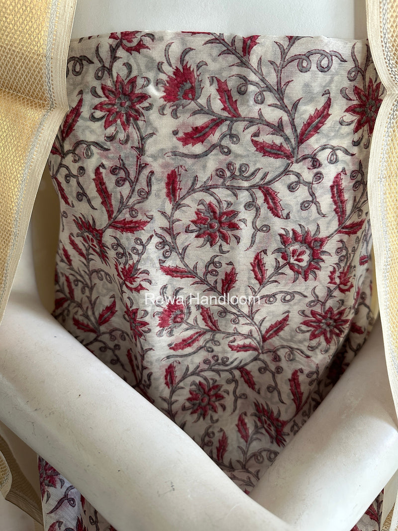 Maheshwari White Handblock Print Top-Dupatta HBS0216