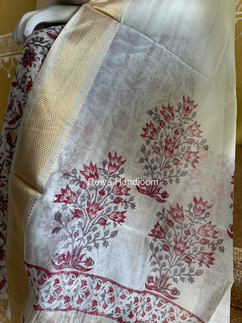 Maheshwari White Handblock Print Top-Dupatta HBS0216