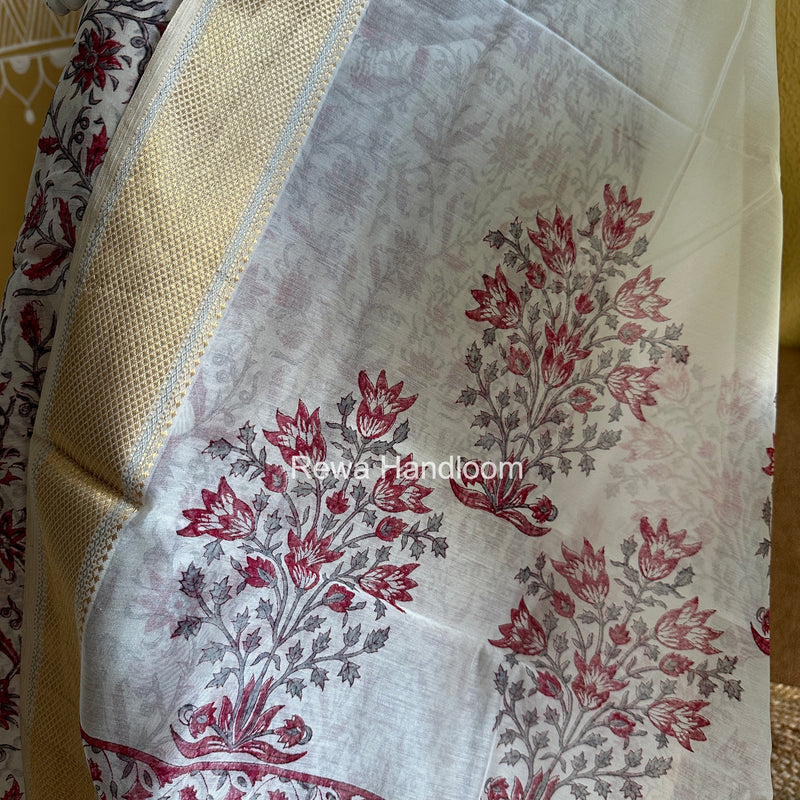 Maheshwari White Handblock Print Top-Dupatta HBS0216
