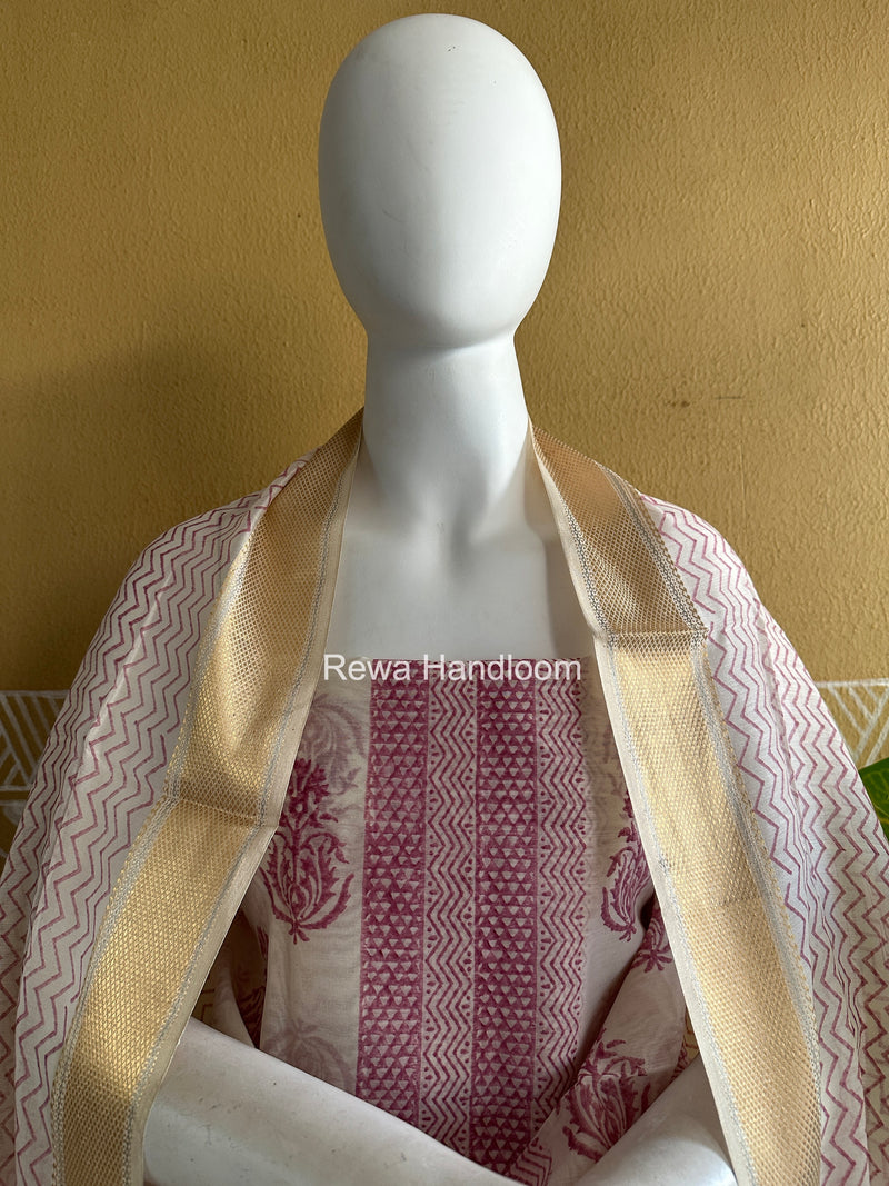 Maheshwari White Handblock Print Top-Dupatta HBS0156