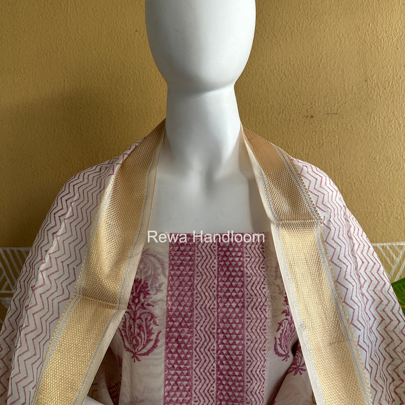 Maheshwari White Handblock Print Top-Dupatta HBS0156