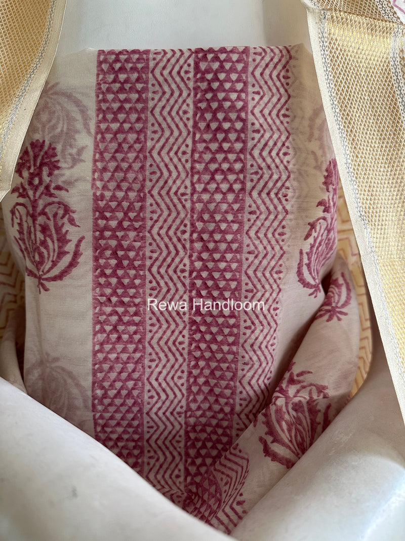 Maheshwari White Handblock Print Top-Dupatta HBS0156