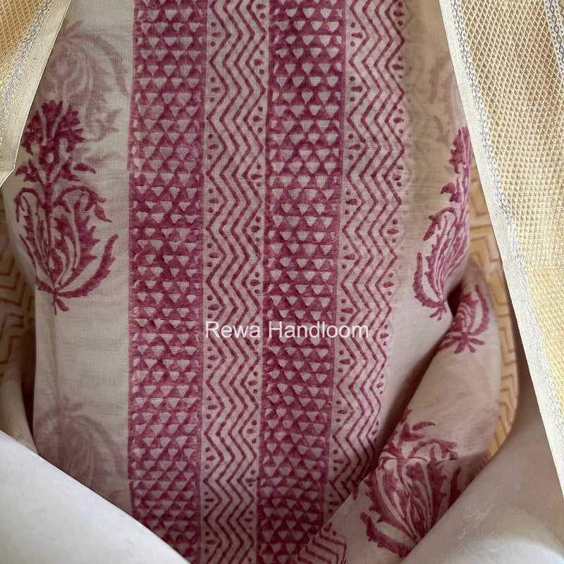 Maheshwari White Handblock Print Top-Dupatta HBS0156