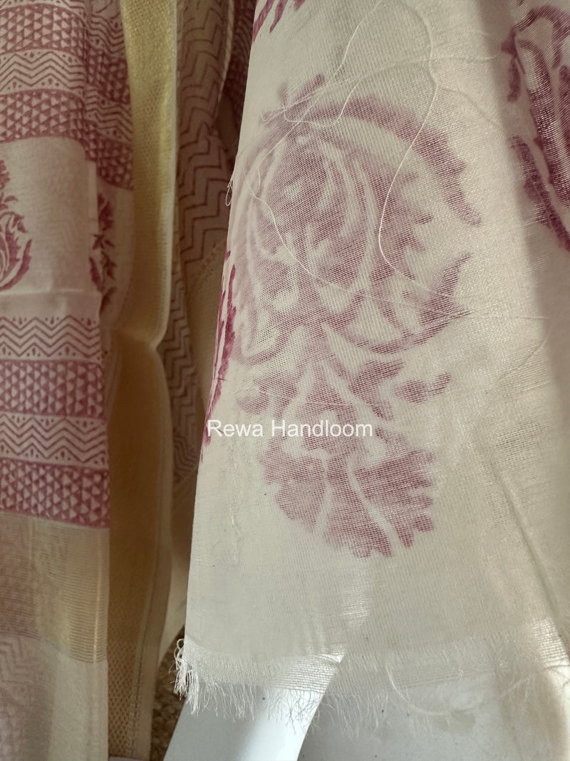 Maheshwari White Handblock Print Top-Dupatta HBS0156