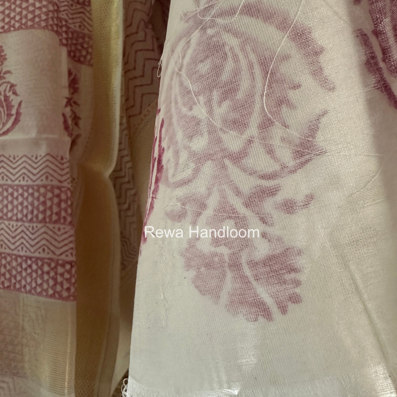 Maheshwari White Handblock Print Top-Dupatta HBS0156