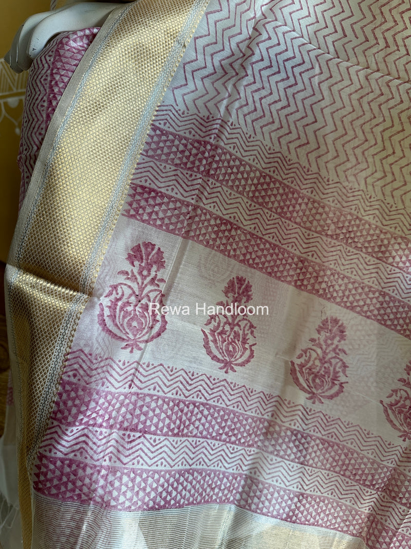 Maheshwari White Handblock Print Top-Dupatta HBS0156