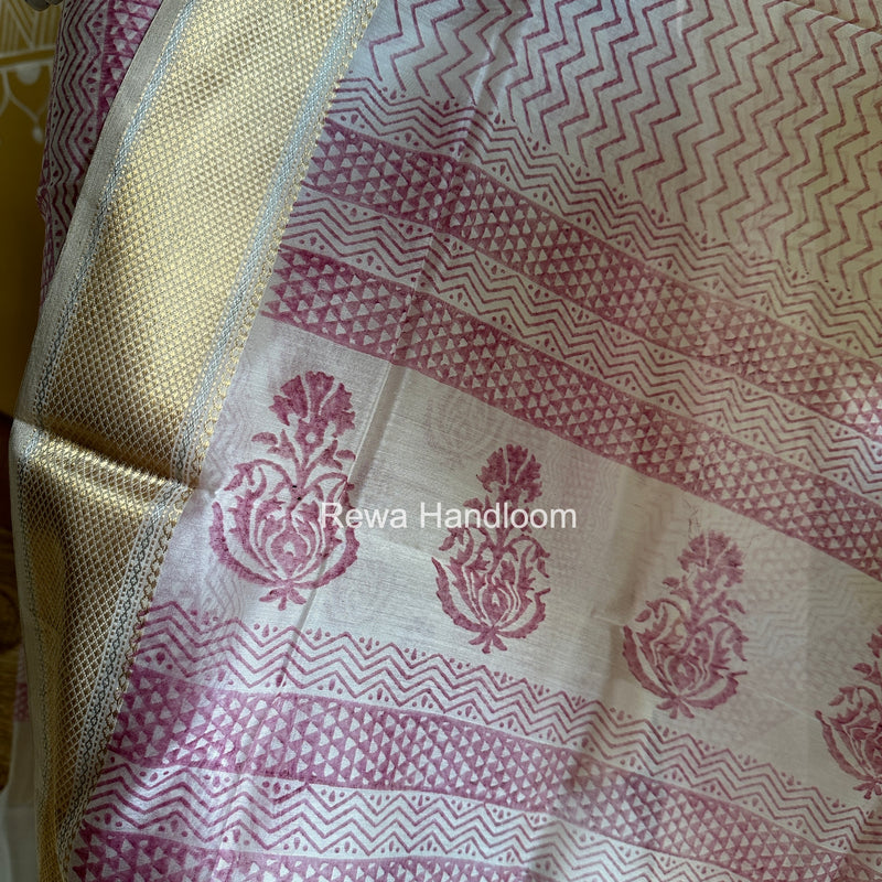 Maheshwari White Handblock Print Top-Dupatta HBS0156
