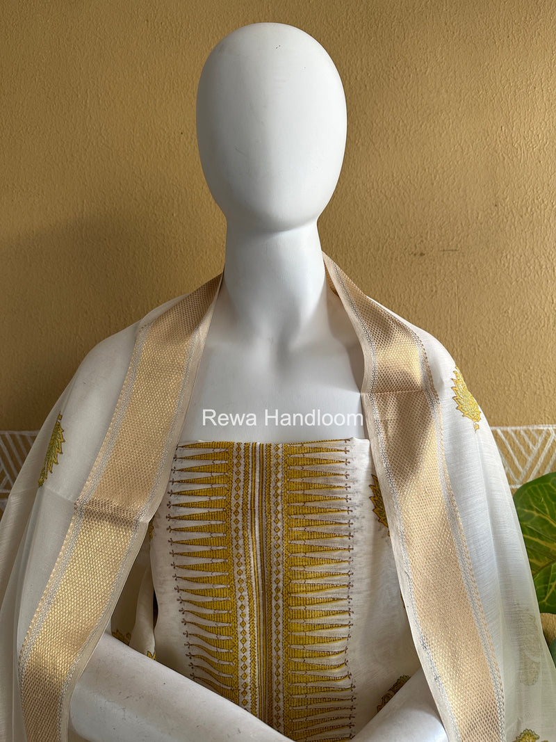 Maheshwari White Handblock Print Top-Dupatta HBS0163