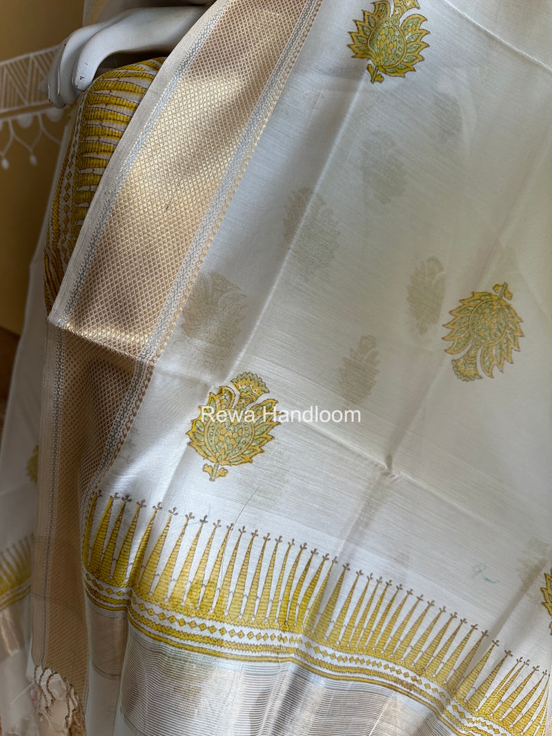Maheshwari White Handblock Print Top-Dupatta HBS0163