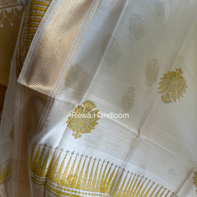 Maheshwari White Handblock Print Top-Dupatta HBS0163